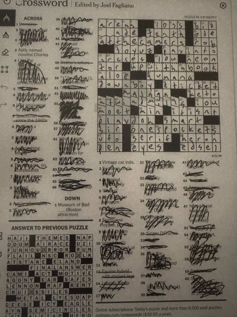 E-ink tablet showing a New York Times crossword